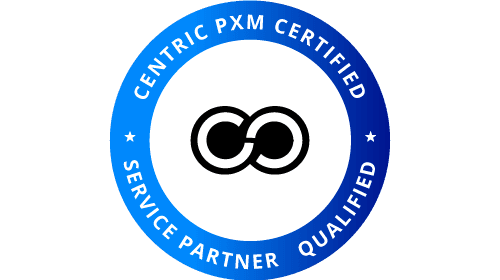 Round blue certification badge with white text reading “Centric PXM Certified Service Partner Qualified” and a stylized symbol in the center.