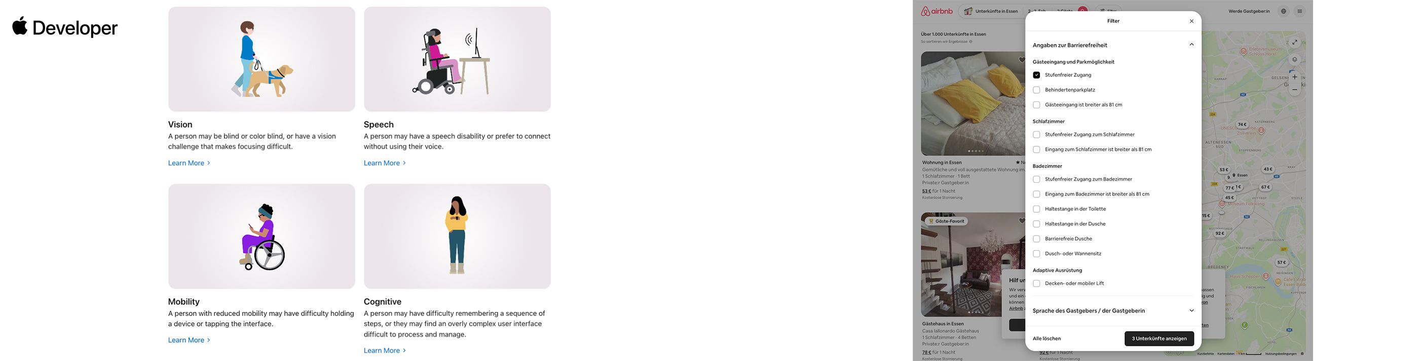 Links Apple Developer-Seite mit vier Illustrationen zu Accessibility-Kategorien – Vision, Speech, Mobility und Cognitive. Rechts Airbnb-Interface mit geöffnetem Filtermenü für Barrierefreiheits-Optionen wie stufenloser Zugang, breite Türen und rollstuhlgerechte Ausstattung.