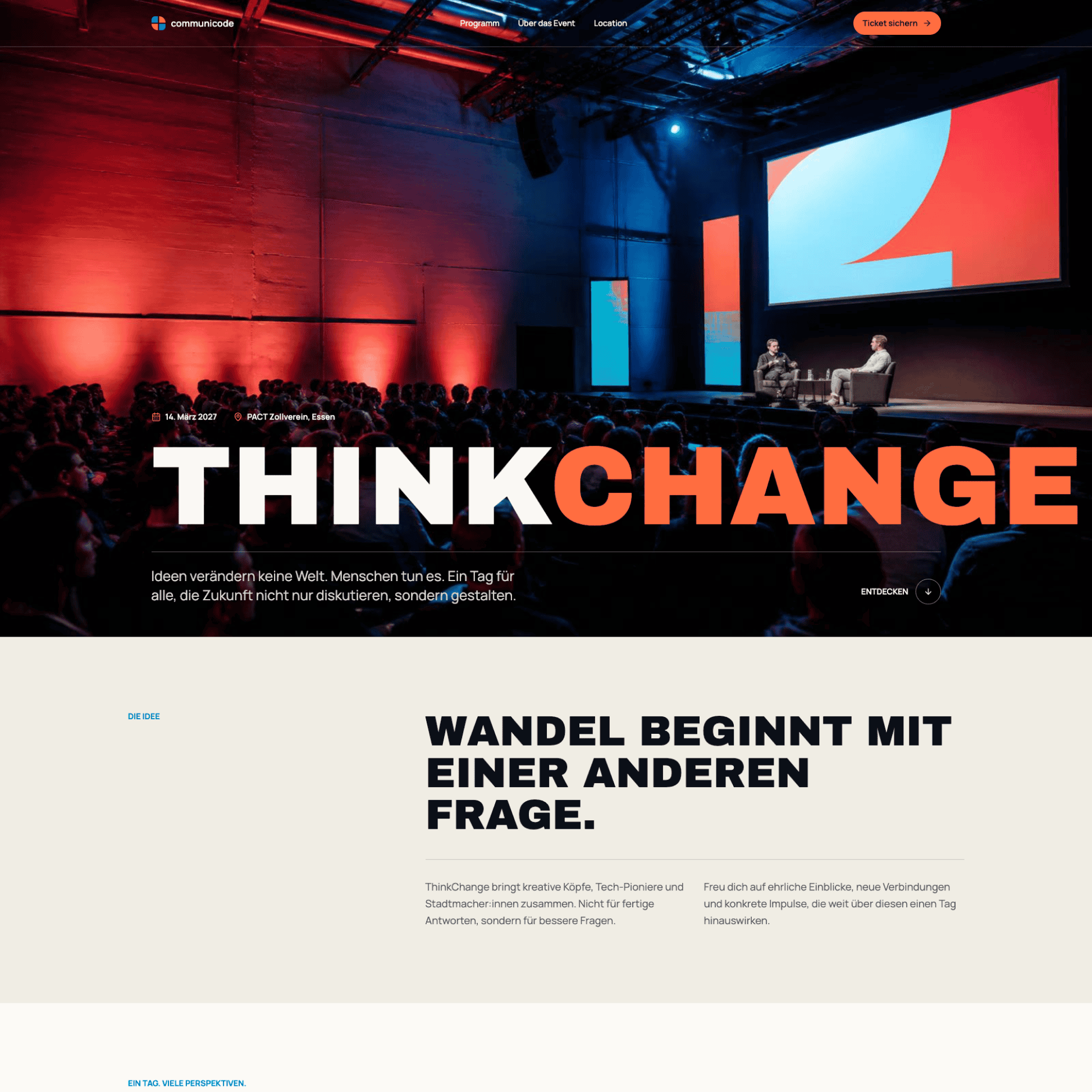 A modern event and conference landing page featuring a large hero image, a bold typography concept, a ticket call-to-action, and high-quality web design for business and tech events.