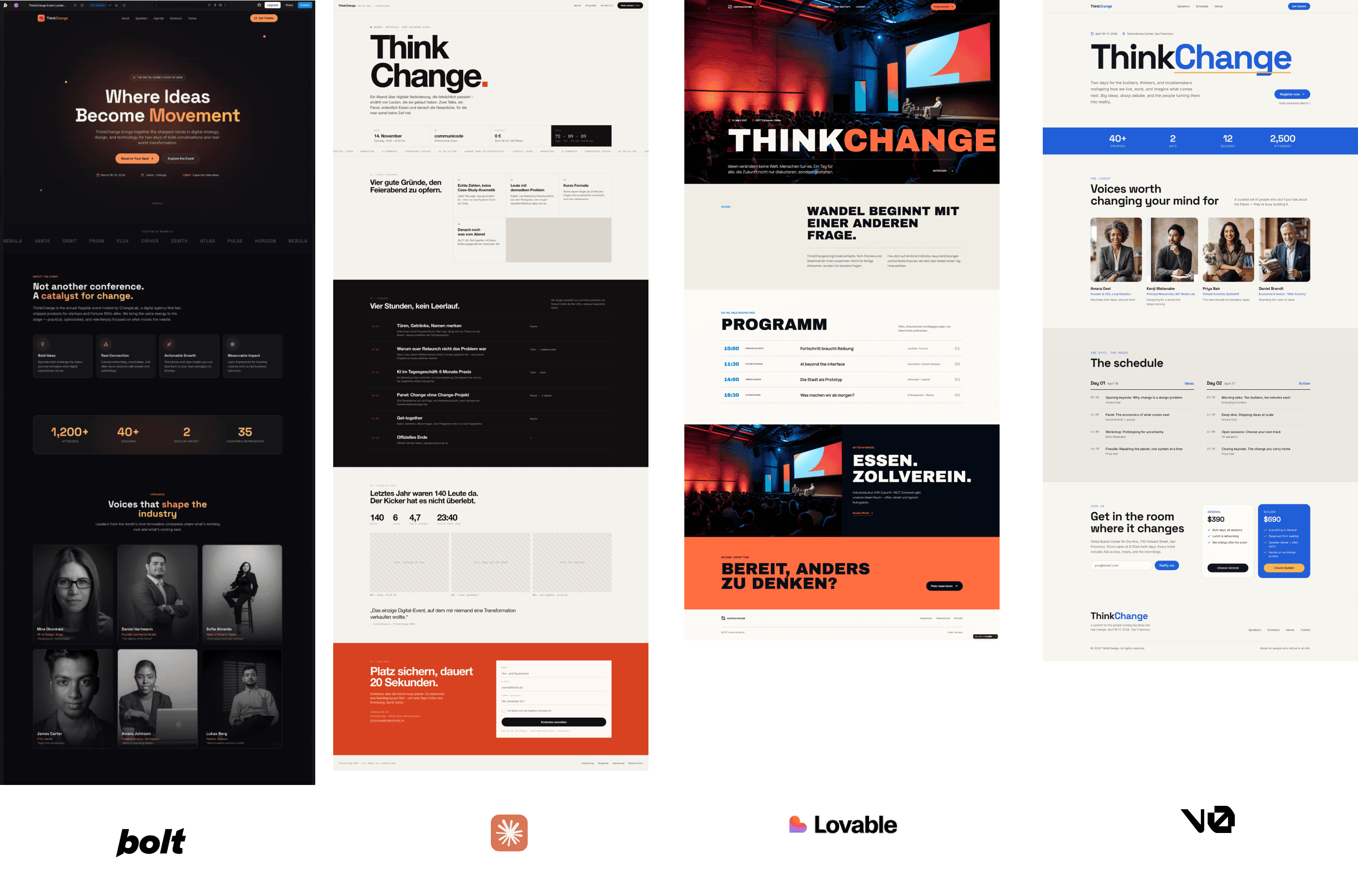 Comparison of AI-generated conference and event landing pages from Bolt, Lovable, and v0, featuring different design styles, user flows, and web design concepts for modern event websites.
