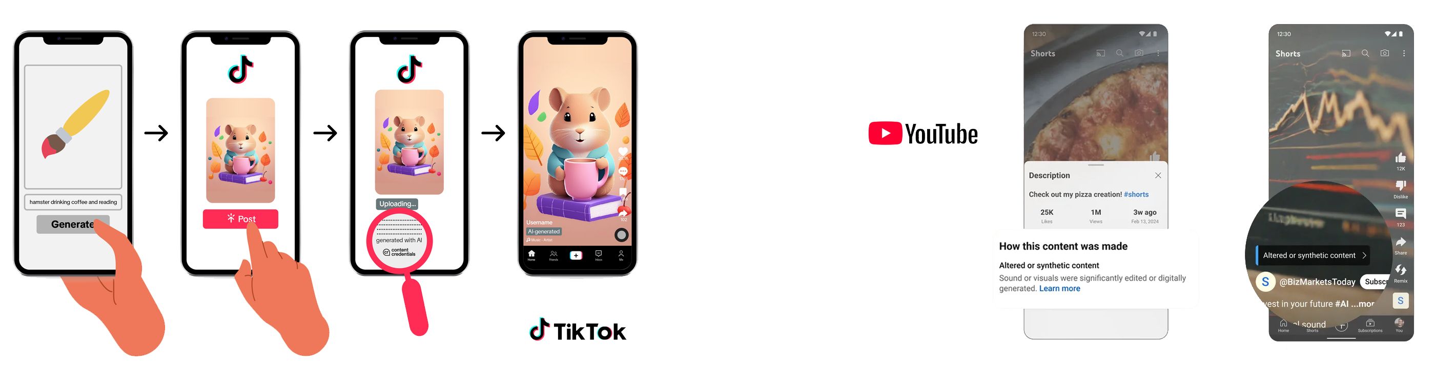 Links drei TikTok-Screens, die den Prozess der KI-generierten Bild-Erstellung und Veröffentlichung zeigen, inklusive Hinweis „Generated with AI“. Rechts zwei YouTube-Screens mit Kennzeichnung „Altered or synthetic content“ und Erklärung, wie der Inhalt erstellt wurde.