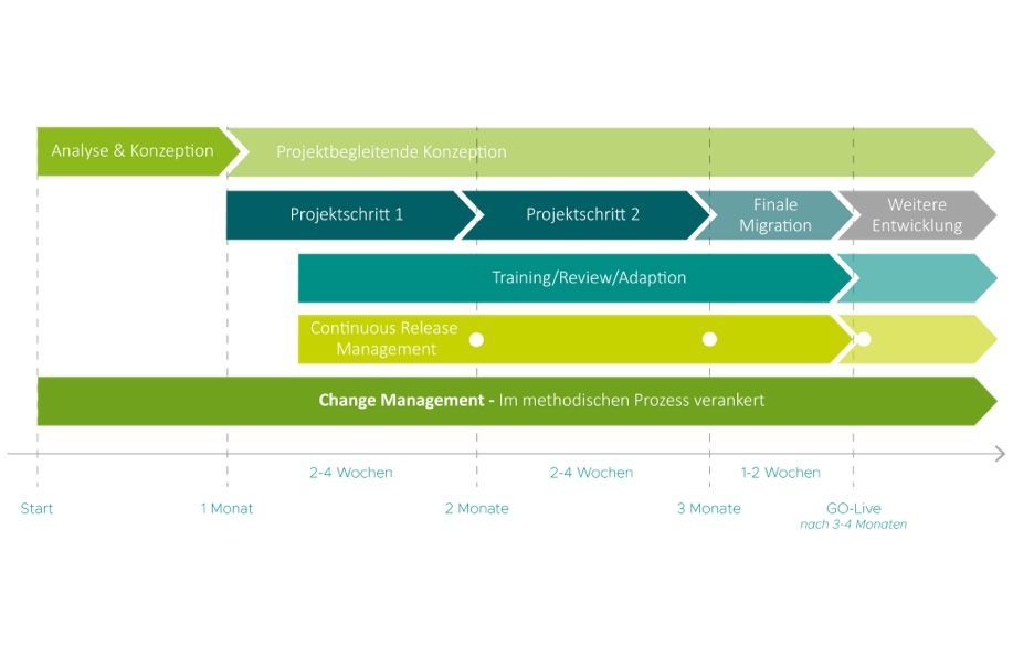 Projekt-Roadmap mit Phasen Analyse & Konzeption, Projektschritte, finale Migration und weitere Entwicklung. Zusätzliche Ebenen für Training, Continuous Release und Change Management. Zeitachse bis Go-Live nach 3–4 Monaten.