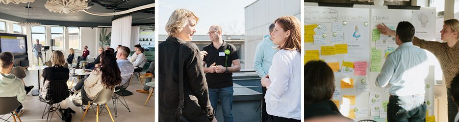 Three scenes from a workshop: on the left, a group is sitting in a modern room listening to a presentation; in the middle, several people are standing around talking; on the right, participants are working on a pinboard covered with colorful sticky notes.