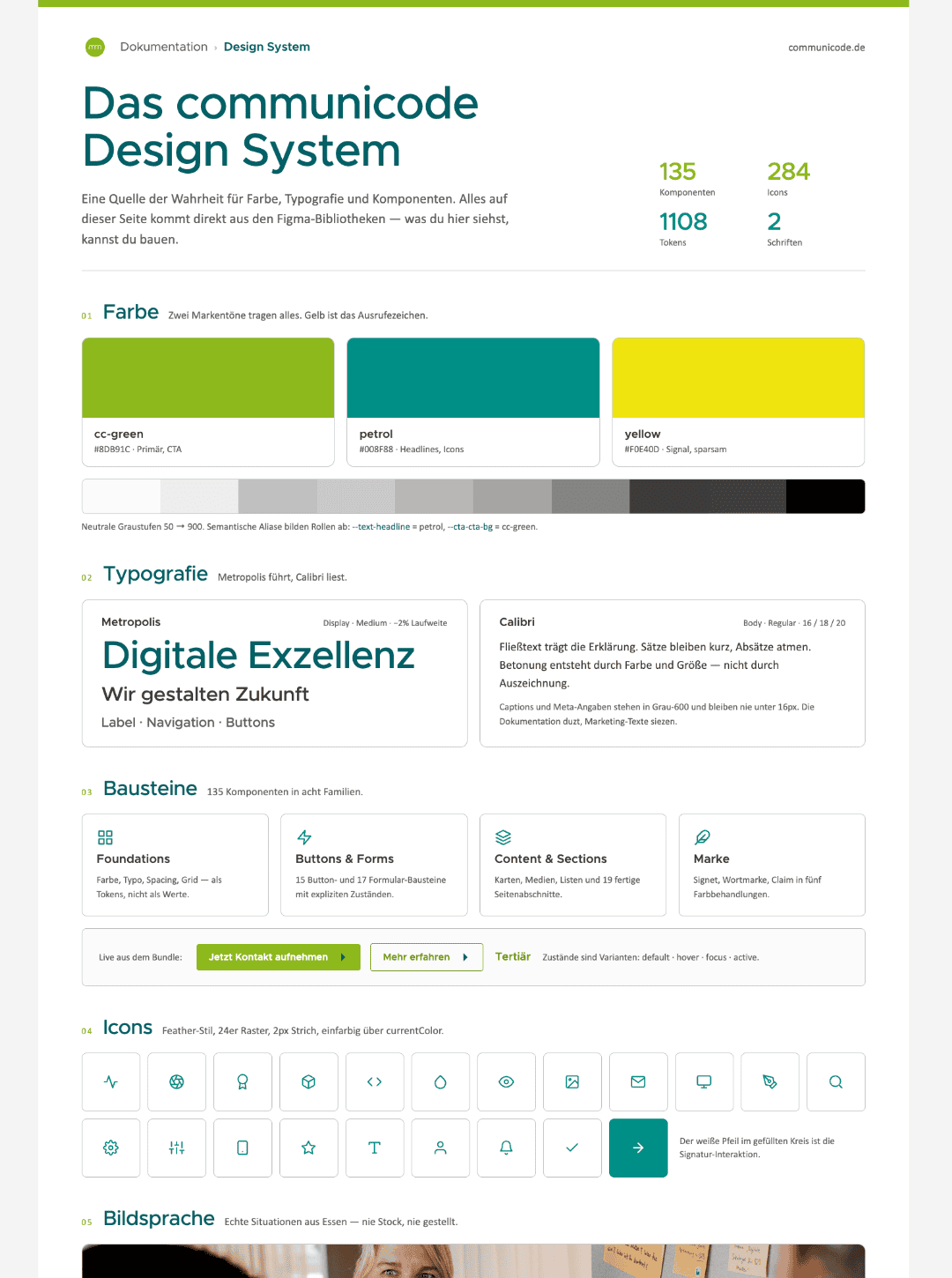Design system documentation featuring a color palette, typography, UI components, design tokens, and icons for developing consistent websites, applications, and digital brand identities.