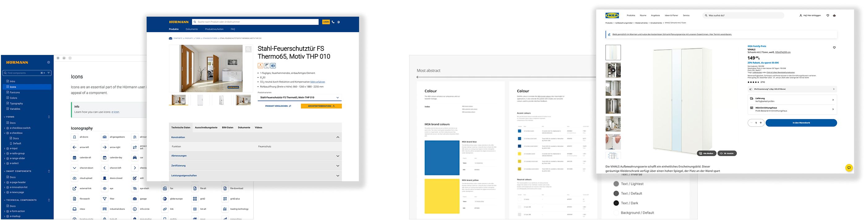 Left: Hörmann with a design system in Storybook (icons) and a product detail page for a steel fire door. Right: IKEA with a design system (colors) and a product detail page for a wardrobe.
