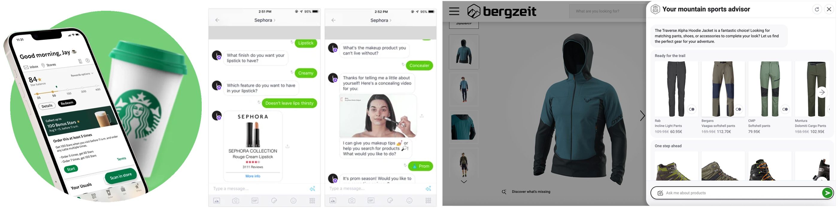 Combined screenshot with three examples of AI-supported personalization: Starbucks app “Deep Brew” for individual recommendations, Sephora chatbot for beauty tips and product recommendations, and Bergzeit online shop with dialog-based shopping assistant.