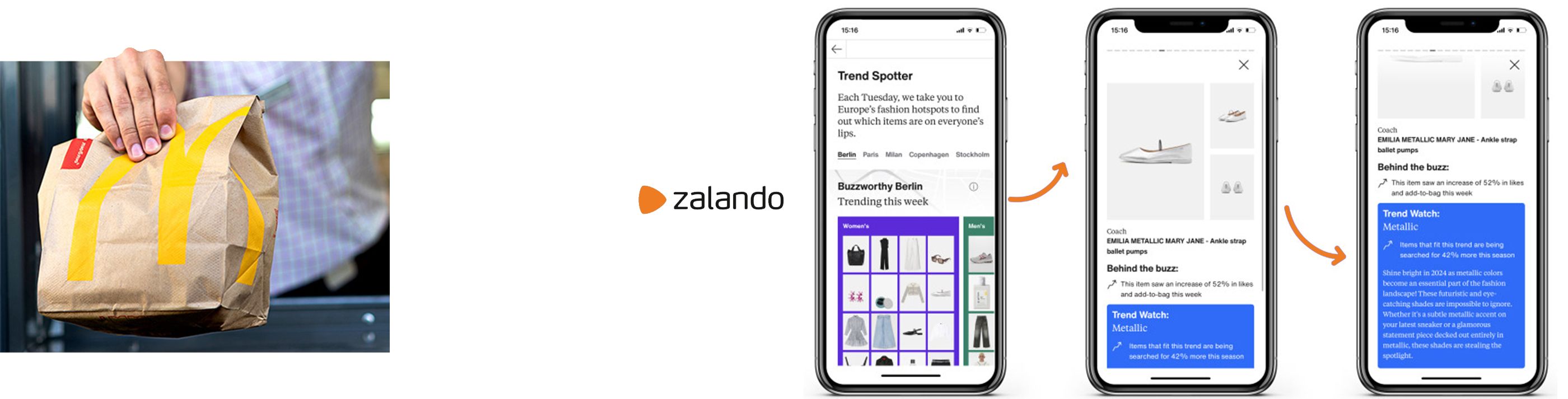 On the left, a hand handing over a McDonald's paper bag (personalized orders). On the right, three smartphone screens of the Zalando app showing the Trend Spotter feature – from an overview of current fashion trends to detailed product information with trend analyses.