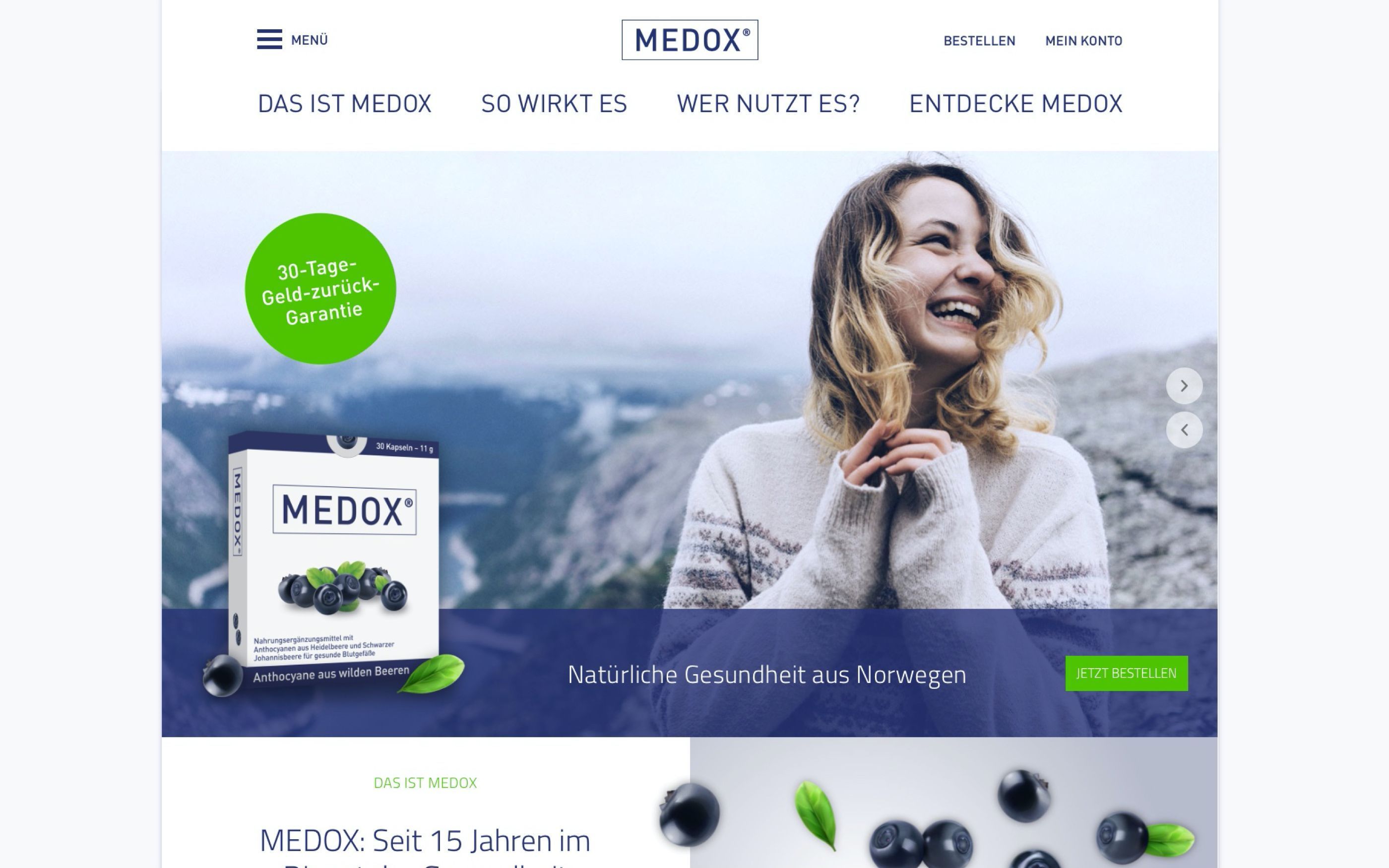 MEDOX website with product image, text “Natural health from Norway,” and menu options such as “This is MEDOX” and “How it works.”