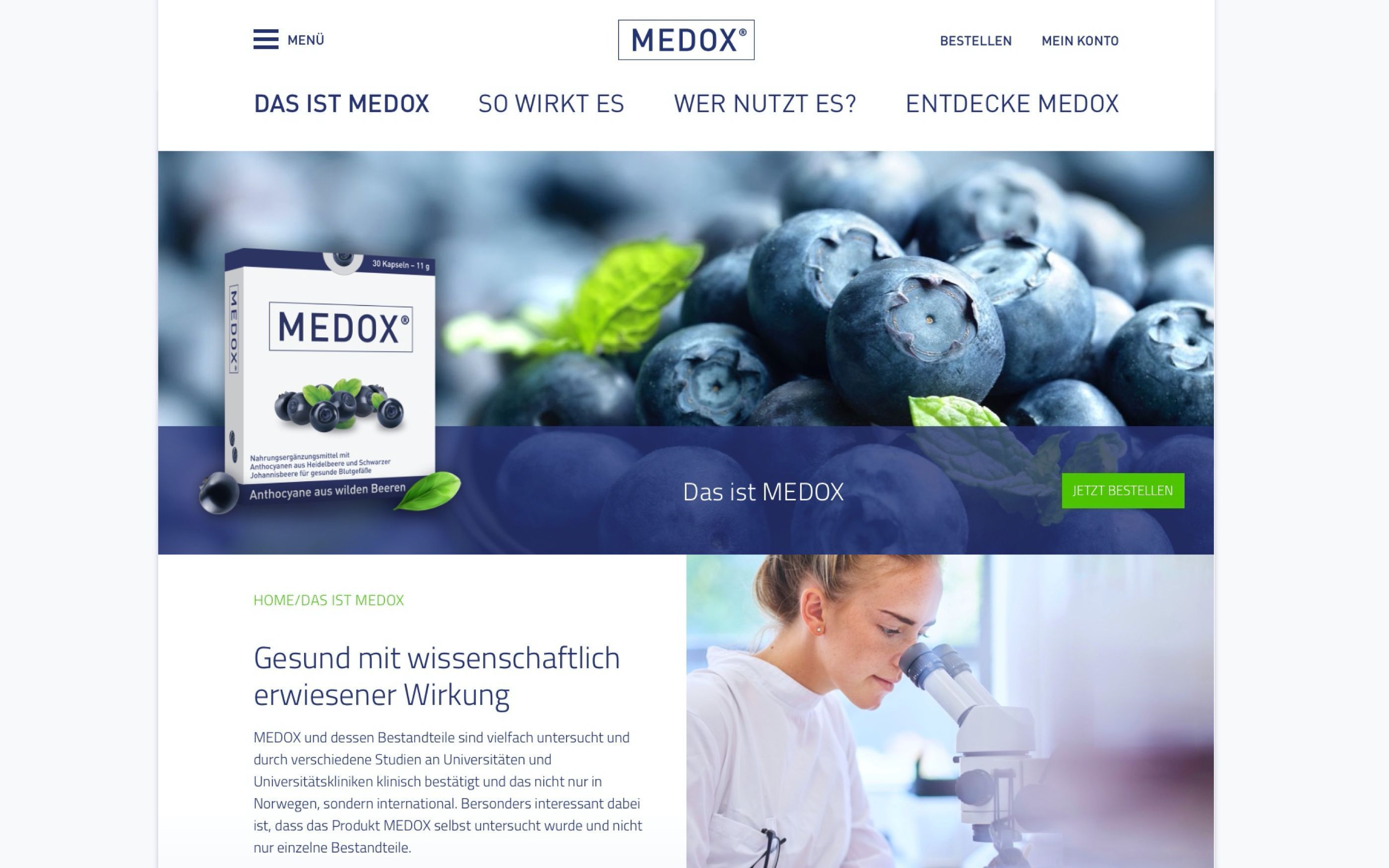 MEDOX Website mit Produktabbildung und Heidelbeer-Nahaufnahme. Text „Das ist MEDOX“ mit Button „Jetzt bestellen“ sowie Abschnitt „Gesund mit wissenschaftlich erwiesener Wirkung“.