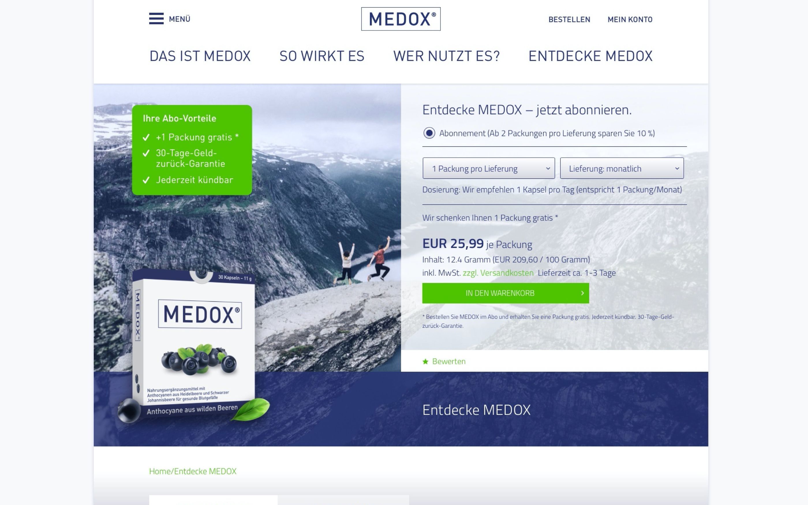 MEDOX website with product image, mountain landscape in the background, and subscription offer. Text: “Discover MEDOX – subscribe now,” price €25.99, benefits such as “1 pack free” and “30-day money-back guarantee,” green “Add to cart” button.