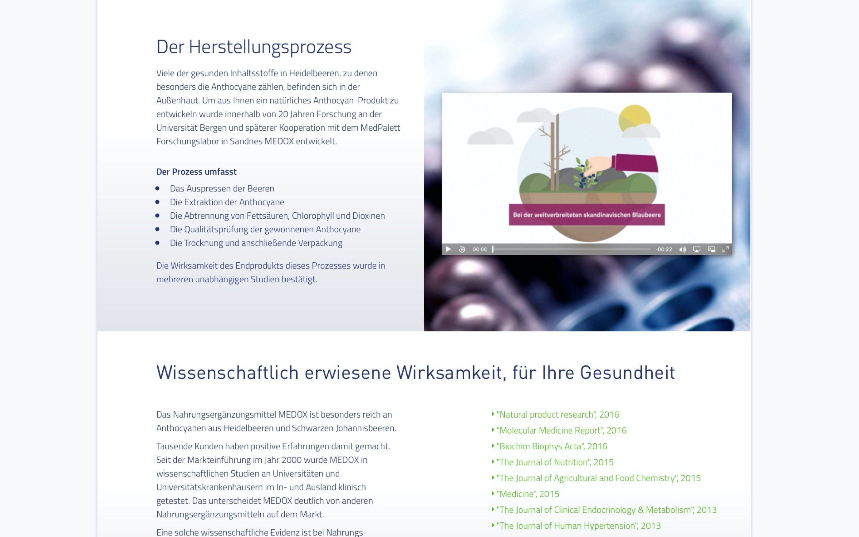 MEDOX website with a section on the manufacturing process, embedded video, and a section on scientifically proven effectiveness with a list of studies.
