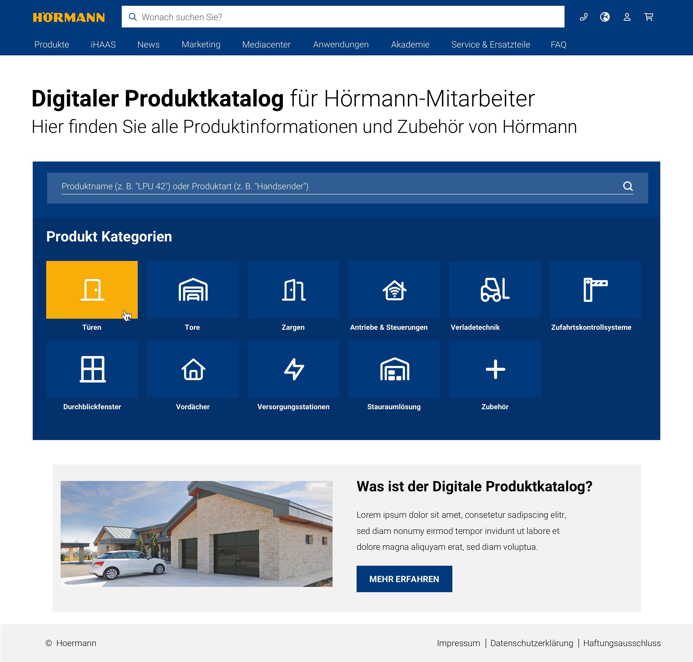 hoermann-dpk-startseite.jpg Startseite des digitalen Hörmann-Produktkatalogs mit Suchleiste und Produktkategorien wie Türen, Tore und Zubehör.