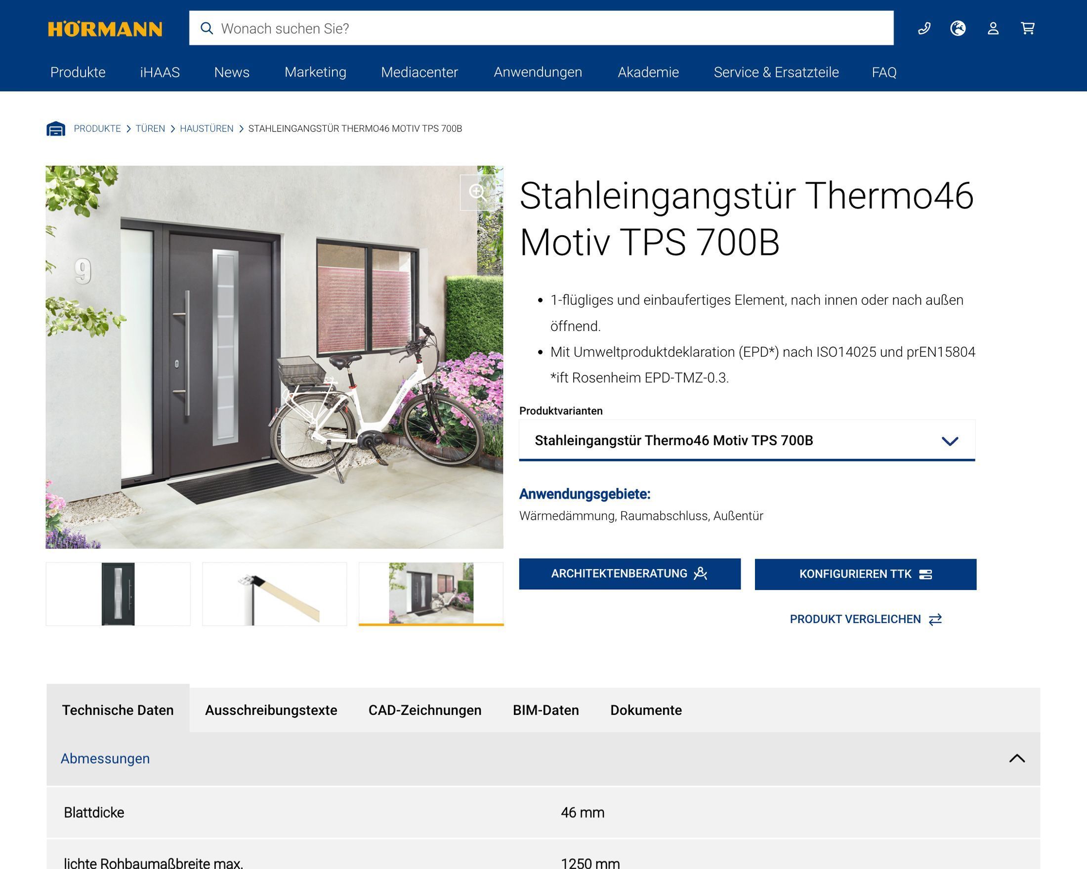 hoermann-produktdetailseite.png Produktdetailseite für Hörmann Stahleingangstür Thermo46 Motiv TPS 700B mit Foto der Tür und technischen Informationen.
