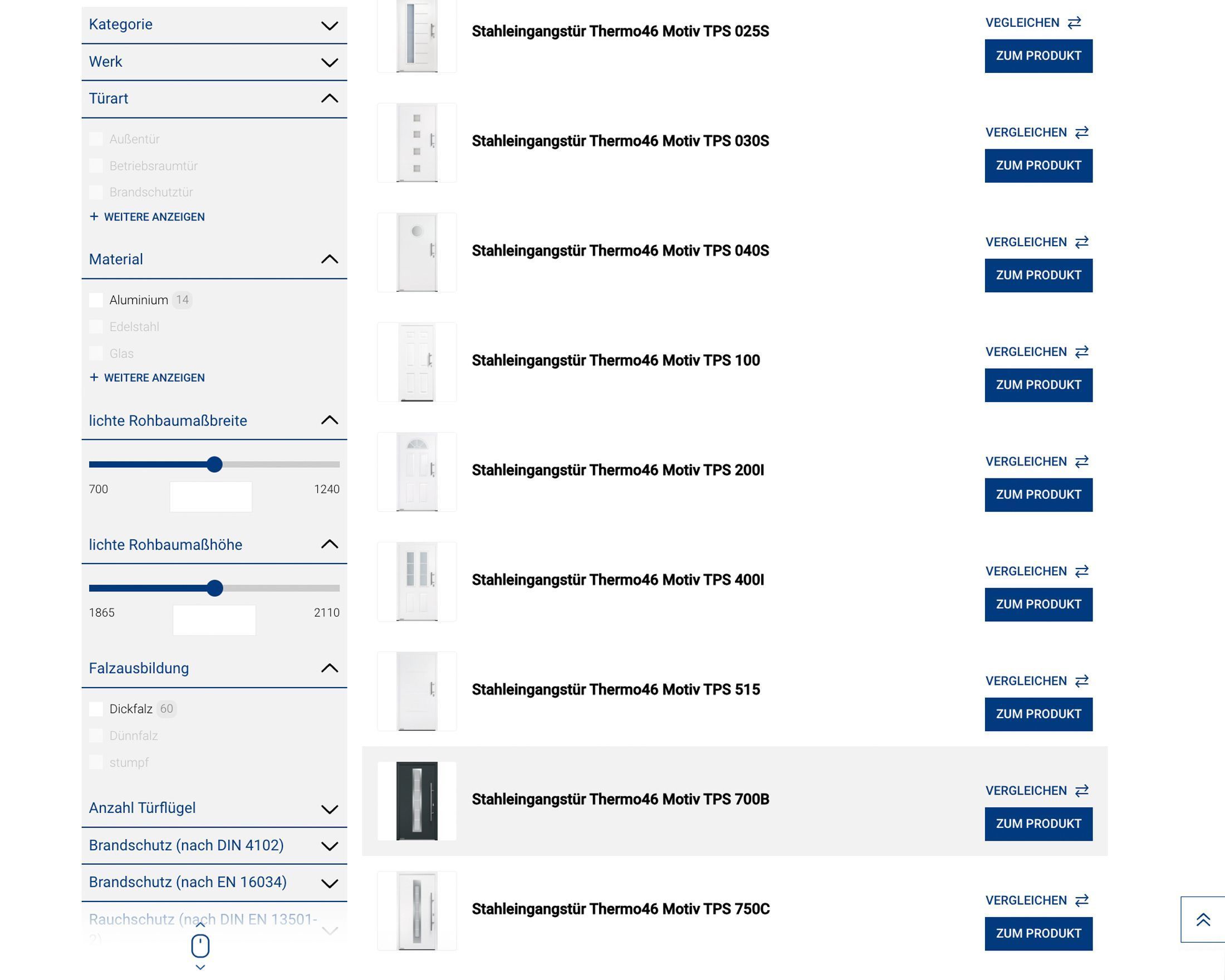 hoermann-screenshot-produktliste.jpg Produktliste im Hörmann-Produktkatalog mit Stahl-Eingangstüren der Serie Thermo46, verschiedenen Motiven und Filteroptionen wie Türart, Material und Maße auf der linken Seite.