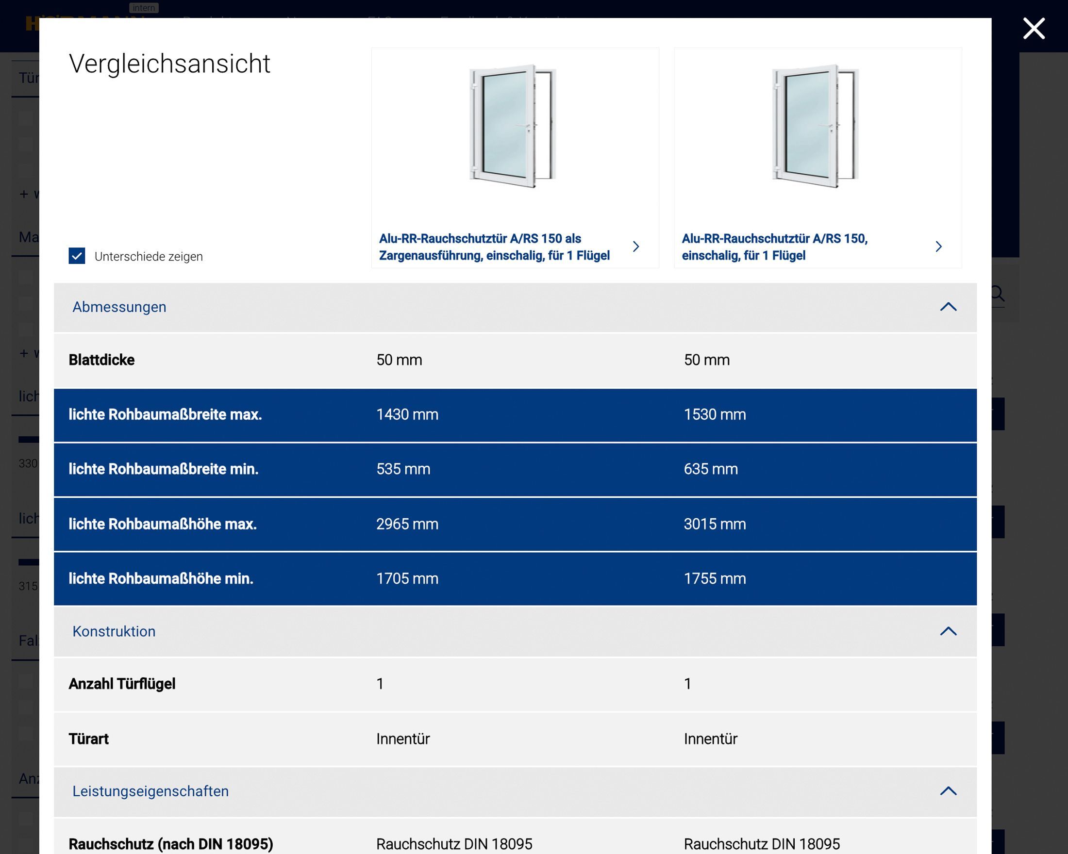 hoermann-screenshot-vergleich.jpg Vergleichsansicht im Hörmann-Produktkatalog mit zwei Rauchschutztüren aus Aluminium. Oben Türbilder, darunter Tabelle mit technischen Daten wie Blattdicke, lichte Rohbaumaßbreite und -höhe, Anzahl Türflügel und Türart.