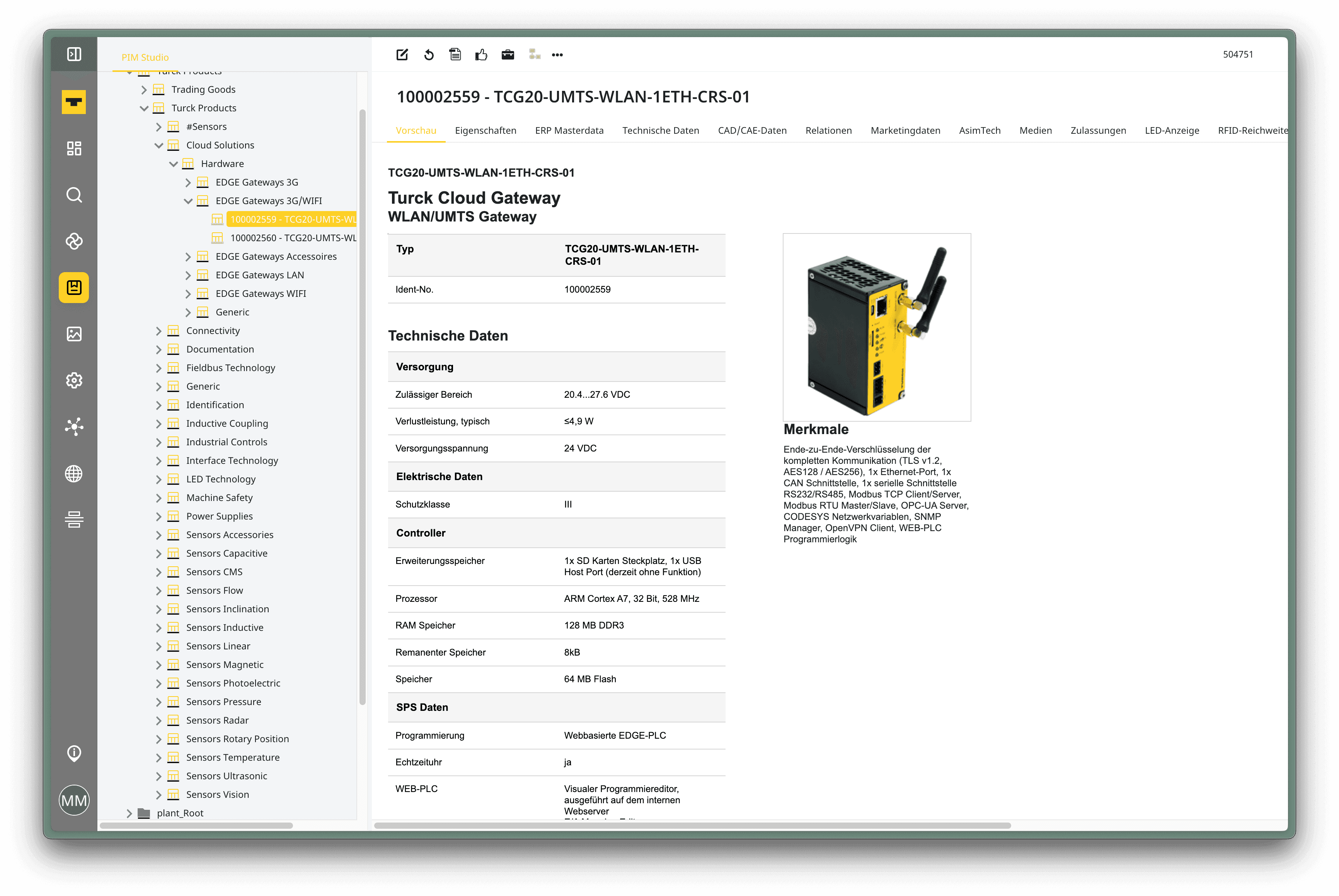 Screenshot of PIM software with product detail page for ‘Turck Cloud Gateway’; navigation menu on the left, technical data and product photo of a yellow and black device with antenna on the right.
