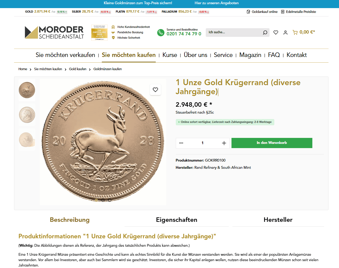 Product page of the Moroder Scheideanstalt for a 1-ounce Krugerrand gold coin. On the left is a large image of the coin with a springbok motif and the year 2023, on the right is the price of €2,948, availability information, and a shopping cart button.