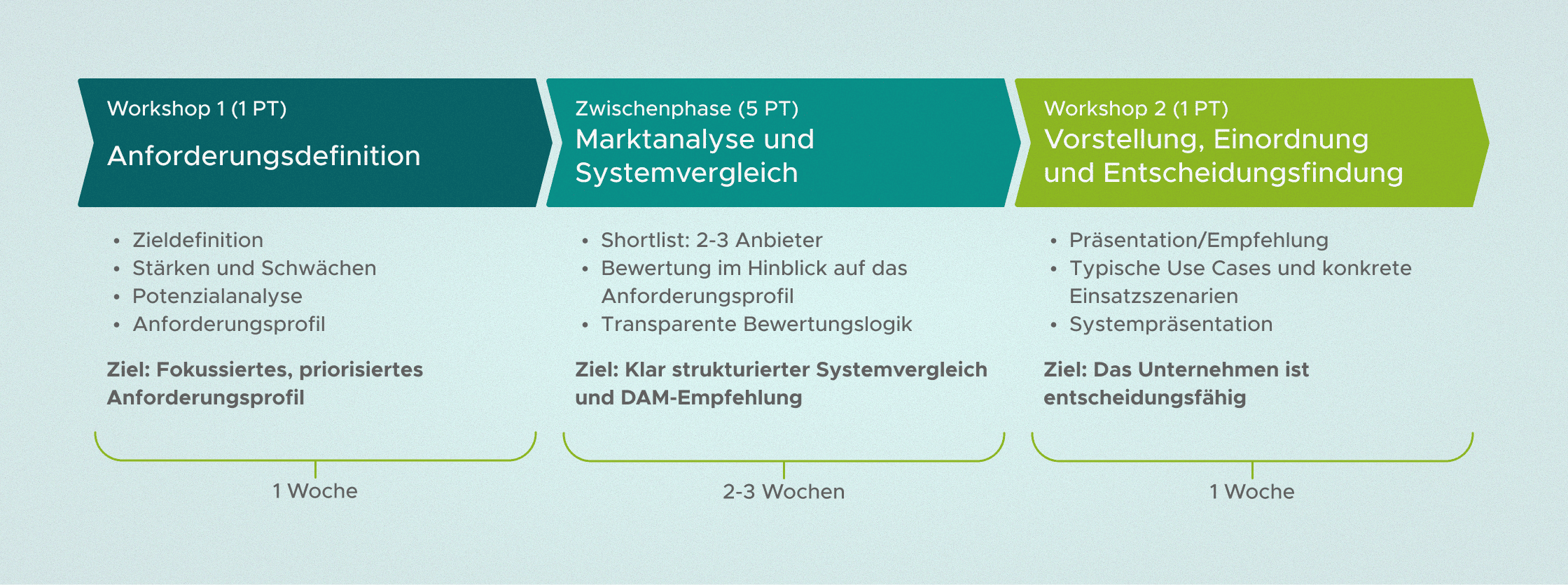 Dreiteilige Grafik zu Workshops: Anforderungsdefinition, Marktanalyse/Systemvergleich und Entscheidungsfindung. Jeder Abschnitt zeigt Ziele, Aufgaben und Dauer: 1 Woche, 2–3 Wochen, 1 Woche. Horizontal farblich getrennt dargestellt.