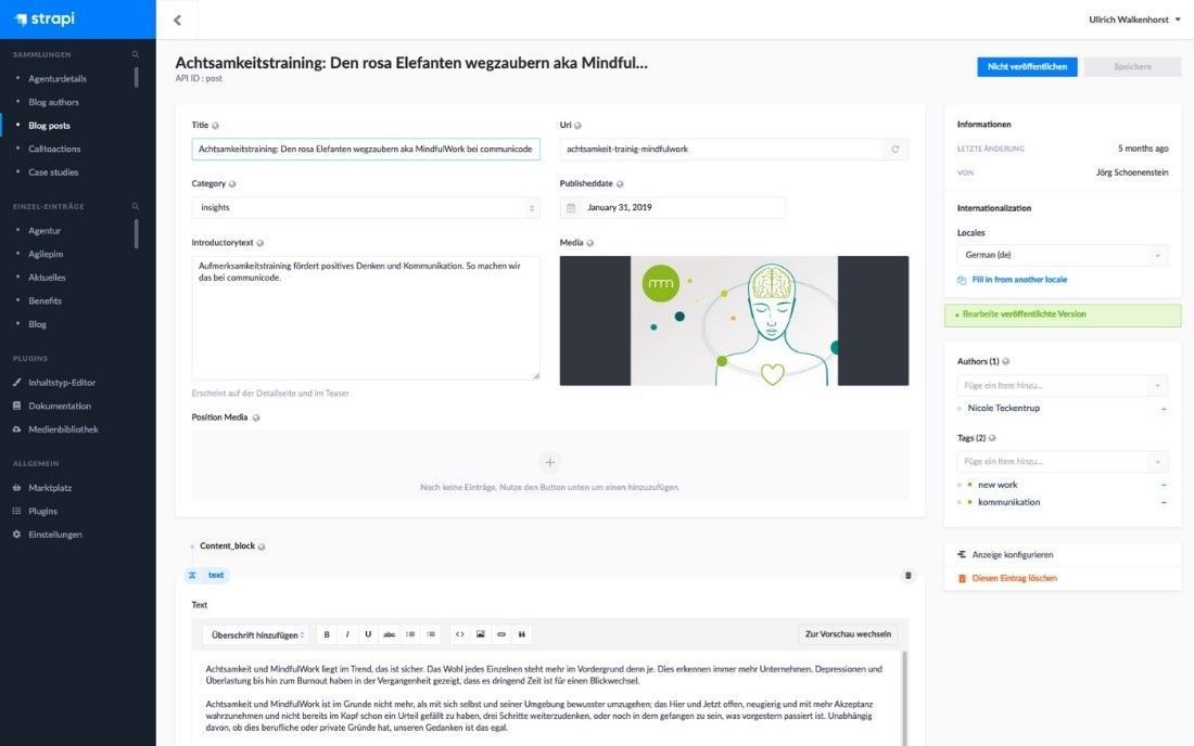 Screenshot in blog post in Strapi shows the blog post on the topic of mindfulness training