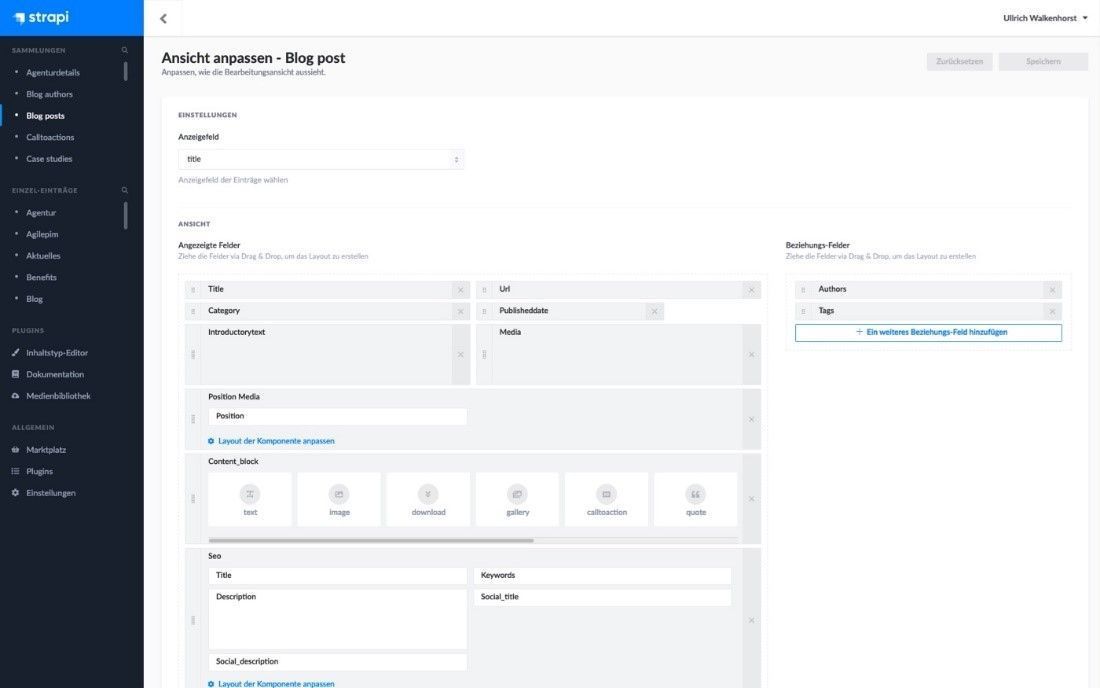 Screenshot from Strapi shows how the view of a blog post can be customized
