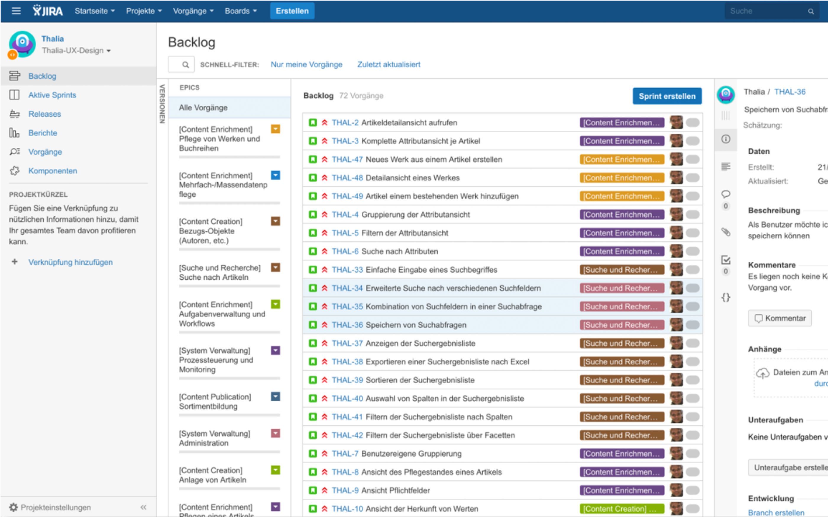 Jira backlog for Thalia UX design with task list in the middle, colored labels for epics, and detail area on the right for task “THAL-36 Save search queries.” Navigation menu on the left with options such as backlog and sprints.