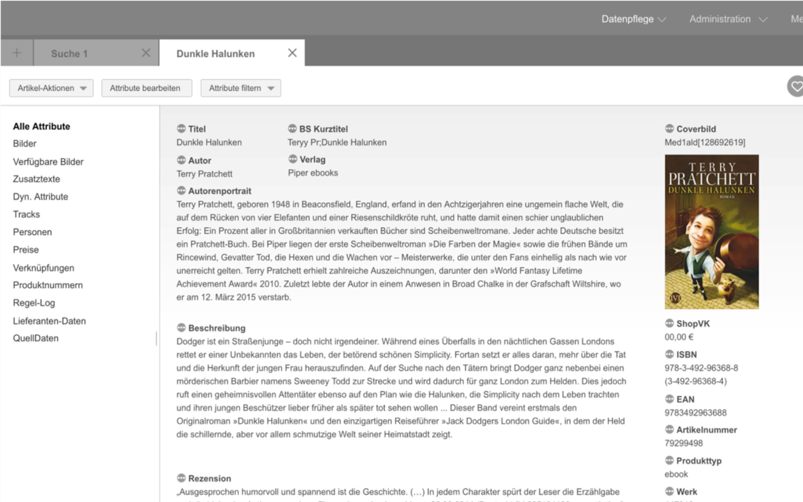 Thalia data maintenance view for the book “Dunkle Halunken” by Terry Pratchett. On the left is a list of attributes, in the middle title, author, publisher, description, and review, and on the right book cover and ISBN and price information.