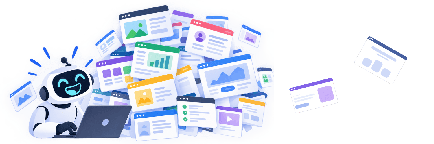 AI-generated websites and user interfaces, featuring a robot as a symbol of automated web design, UX design, and the creation of digital products using artificial intelligence.