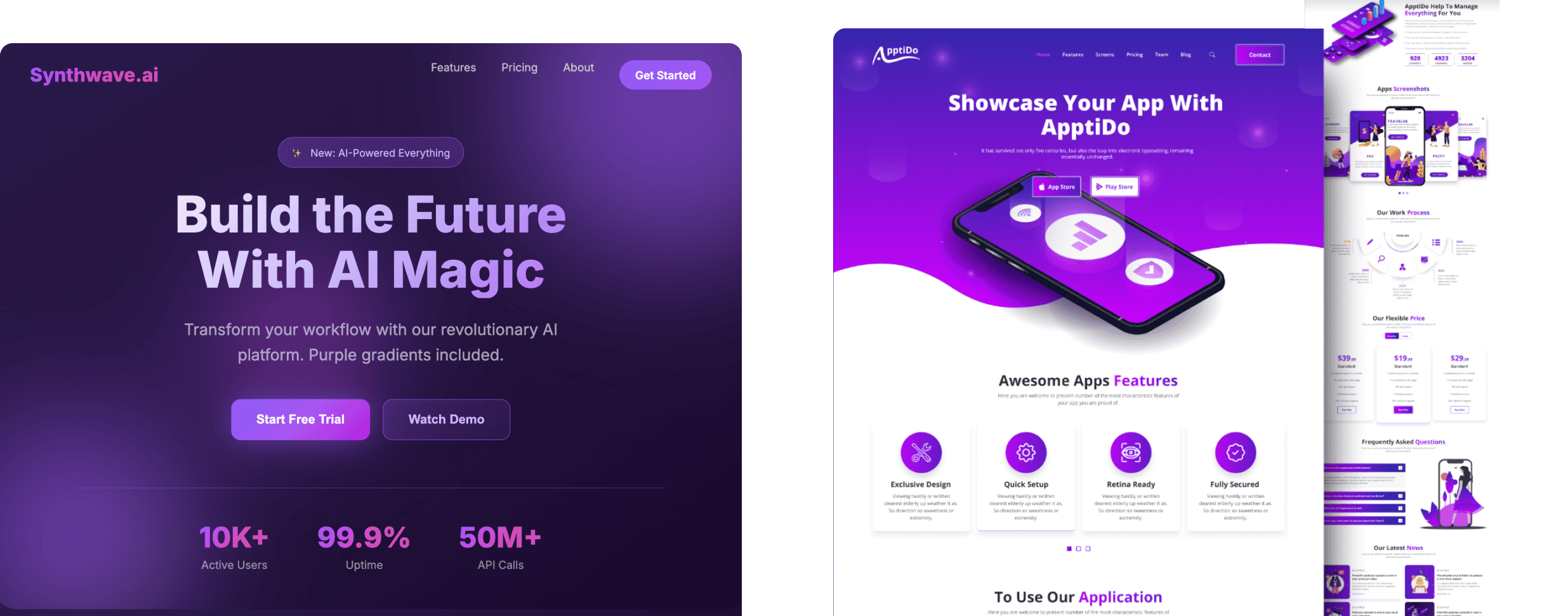 Modern AI and SaaS landing pages featuring purple color gradients, smartphone mockups, conversion-optimized calls to action, and professional web design for software and technology companies.